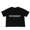 Flat lay of the black RHSM MVMT Oversized Boxy Tee, showing the back with the minimalist white "Movement" graphic.