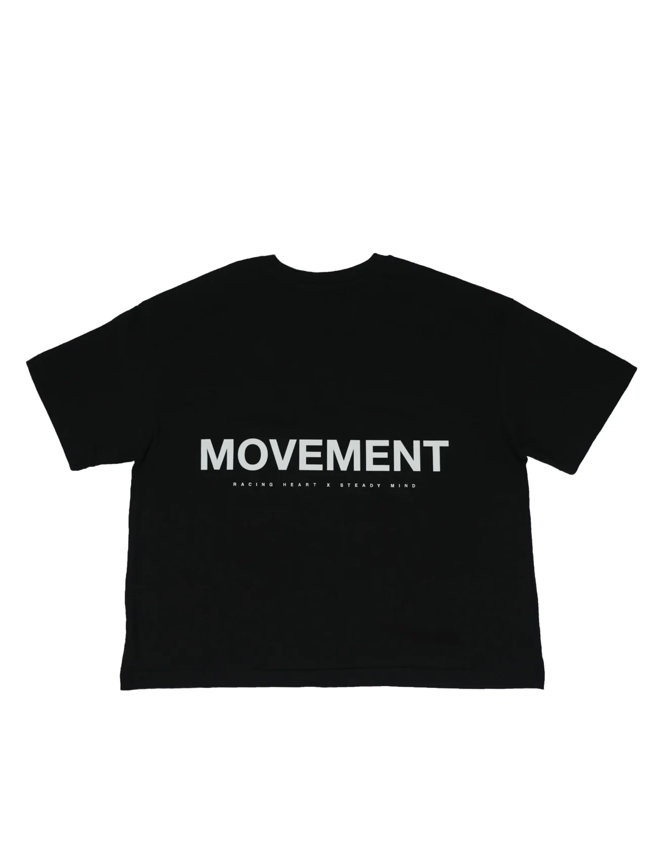 Flat lay of the black RHSM MVMT Oversized Boxy Tee, showing the back with the minimalist white "Movement" graphic.