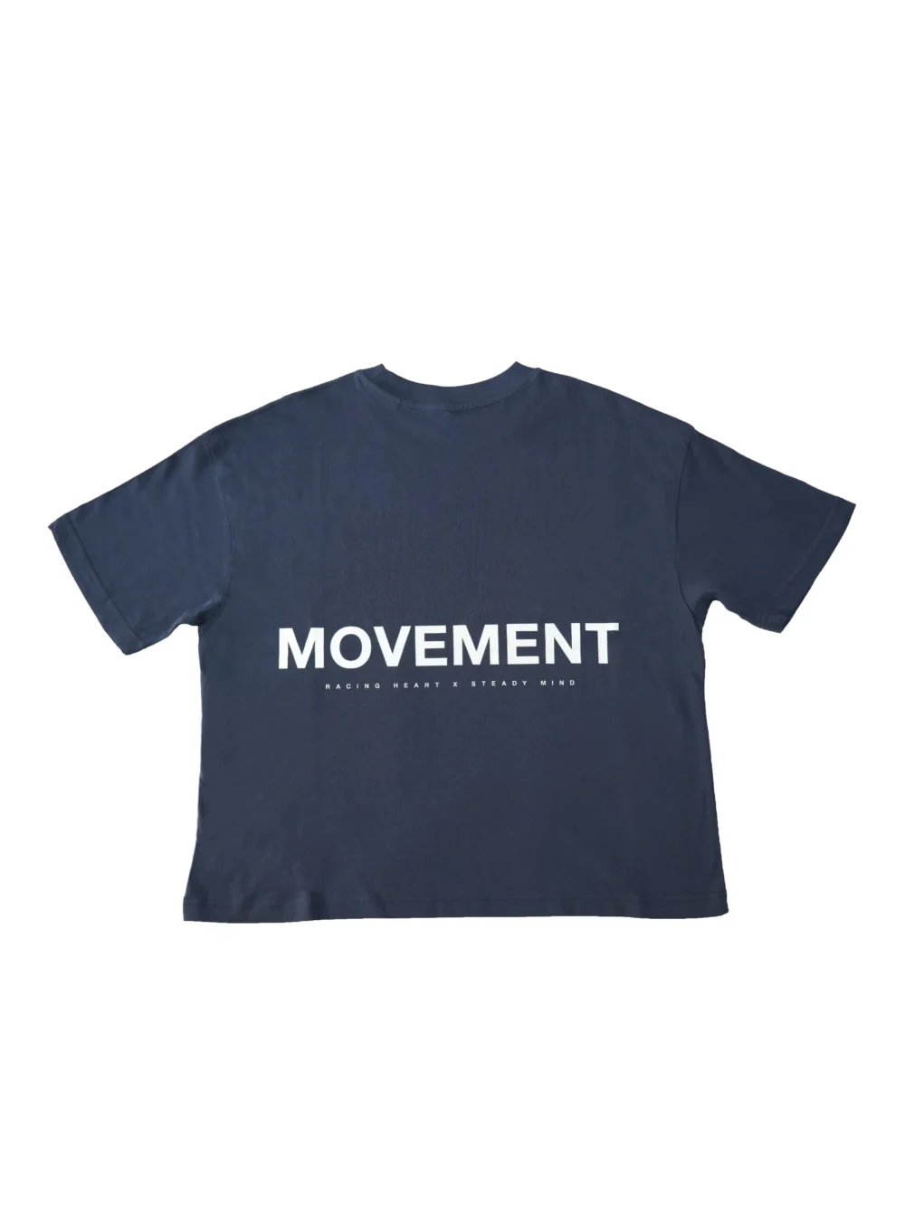 Flat lay of the navy RHSM MVMT Oversized Boxy Tee, showing the back with the minimalist white "Movement" graphic.