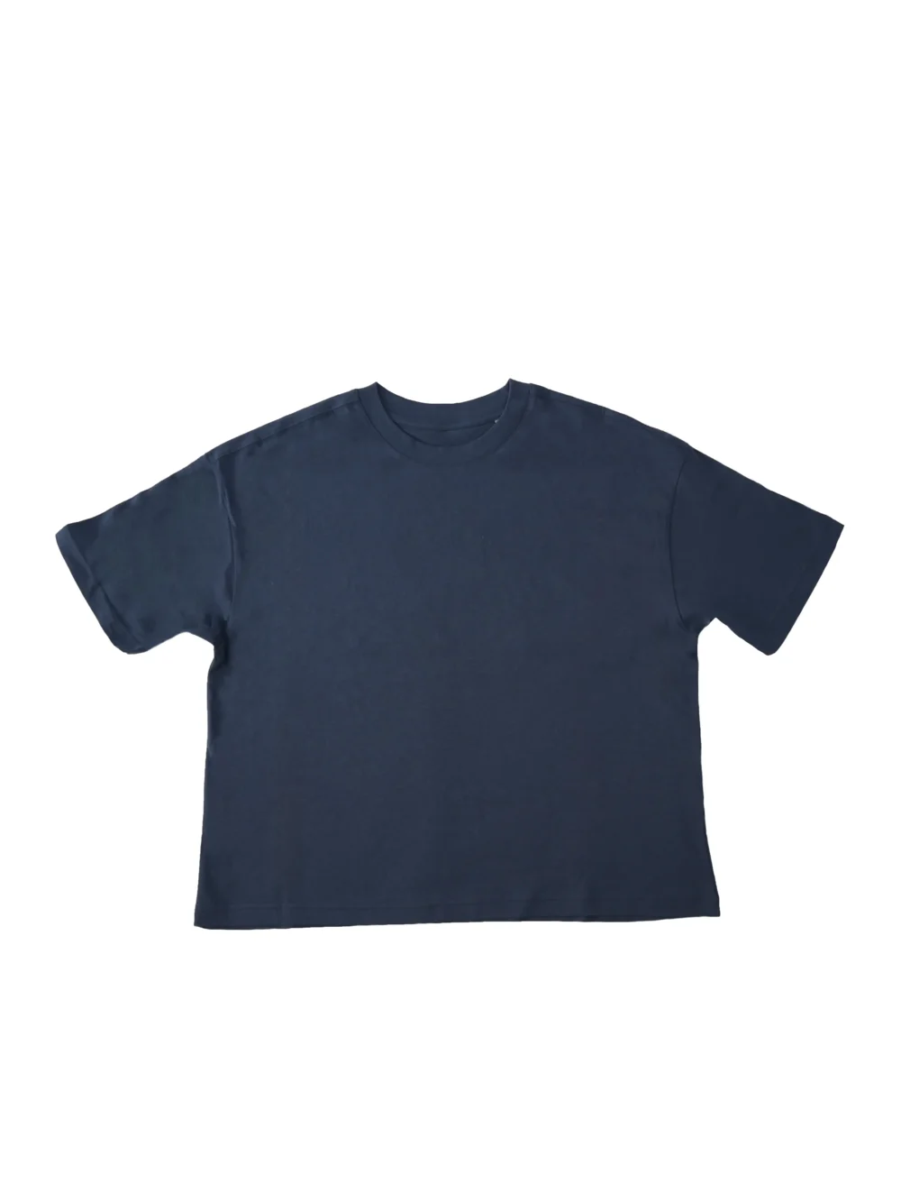 Flat lay of the front of the navy RHSM MVMT Oversized Boxy Tee, showing the heavyweight cotton fabric, crewneck, and dropped shoulders.