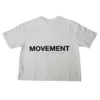 Flat lay of the white RHSM MVMT Oversized Boxy Tee, showing the back with the minimalist black "Movement" graphic.