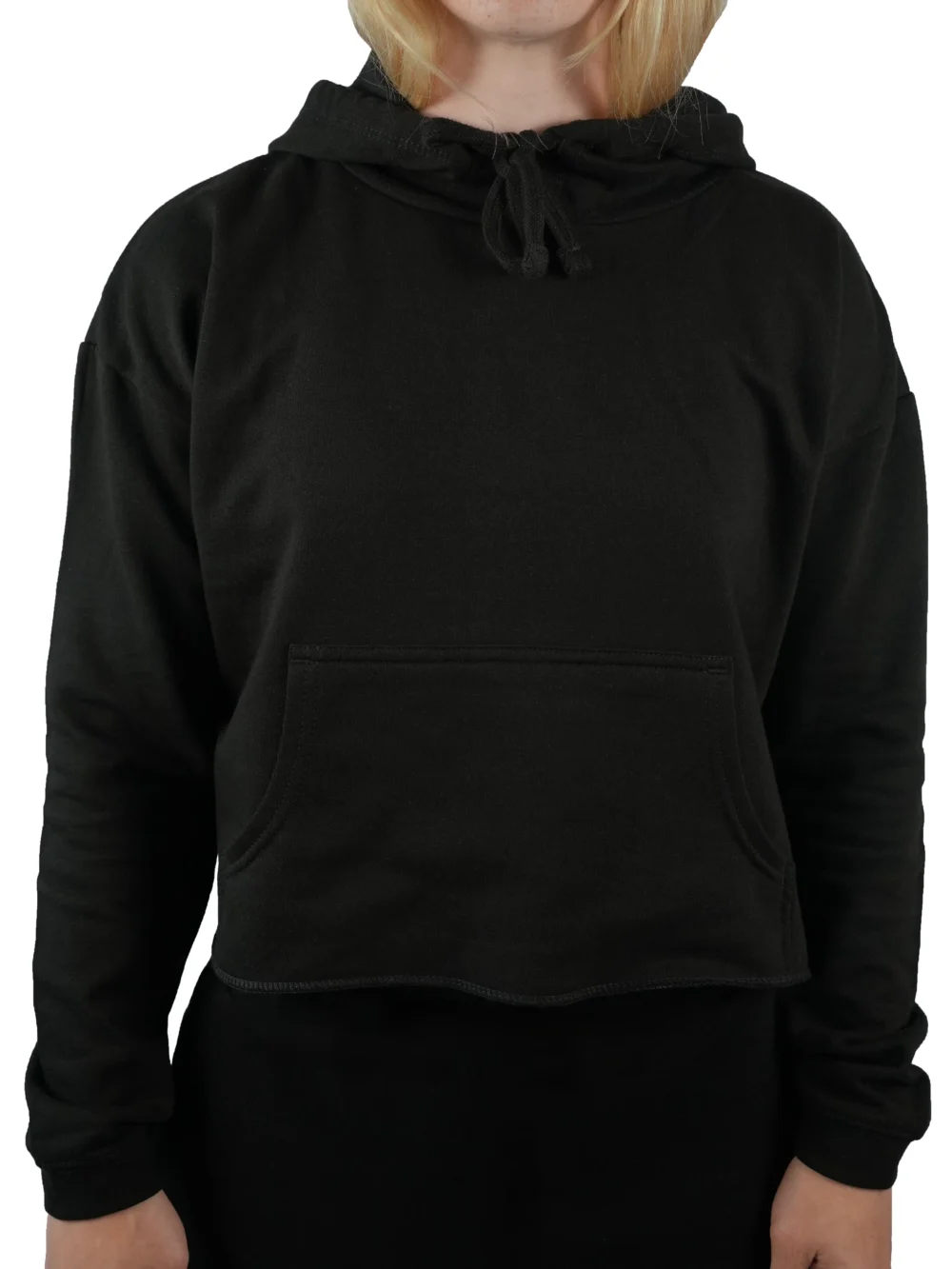 Model wearing the black RHSM MVMT cropped hoodie (front view), showcasing the modern crop fit, spacious kangaroo pocket, and hood drawstrings.