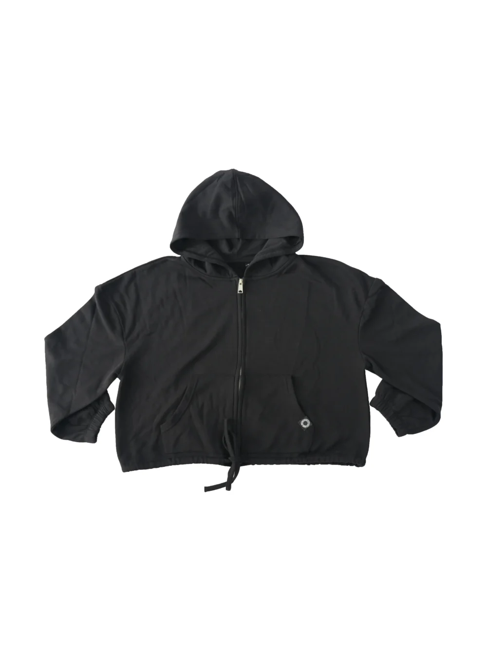 RHSM Minimalist Women's Full-Zip Hoodie in black laid flat, showing the full-zip track and pockets on the calisthenics apparel.