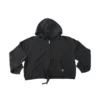 RHSM Minimalist Women's Full-Zip Hoodie in black laid flat, showing the full-zip track and pockets on the calisthenics apparel.