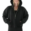 Model wearing the black hoodie with the hood up, demonstrating the coverage of the premium workout gear from the RHSM calisthenics clothing brand.
