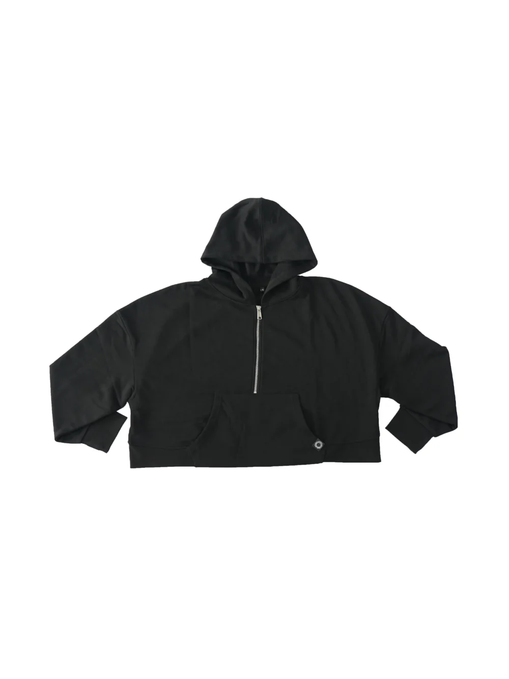 RHSM Minimalist Women's Half-Zip Hoodie in black laid flat, showing the half-zip detail and front pocket on the calisthenics apparel.
