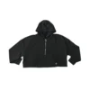 RHSM Minimalist Women's Half-Zip Hoodie in black laid flat, showing the half-zip detail and front pocket on the calisthenics apparel.