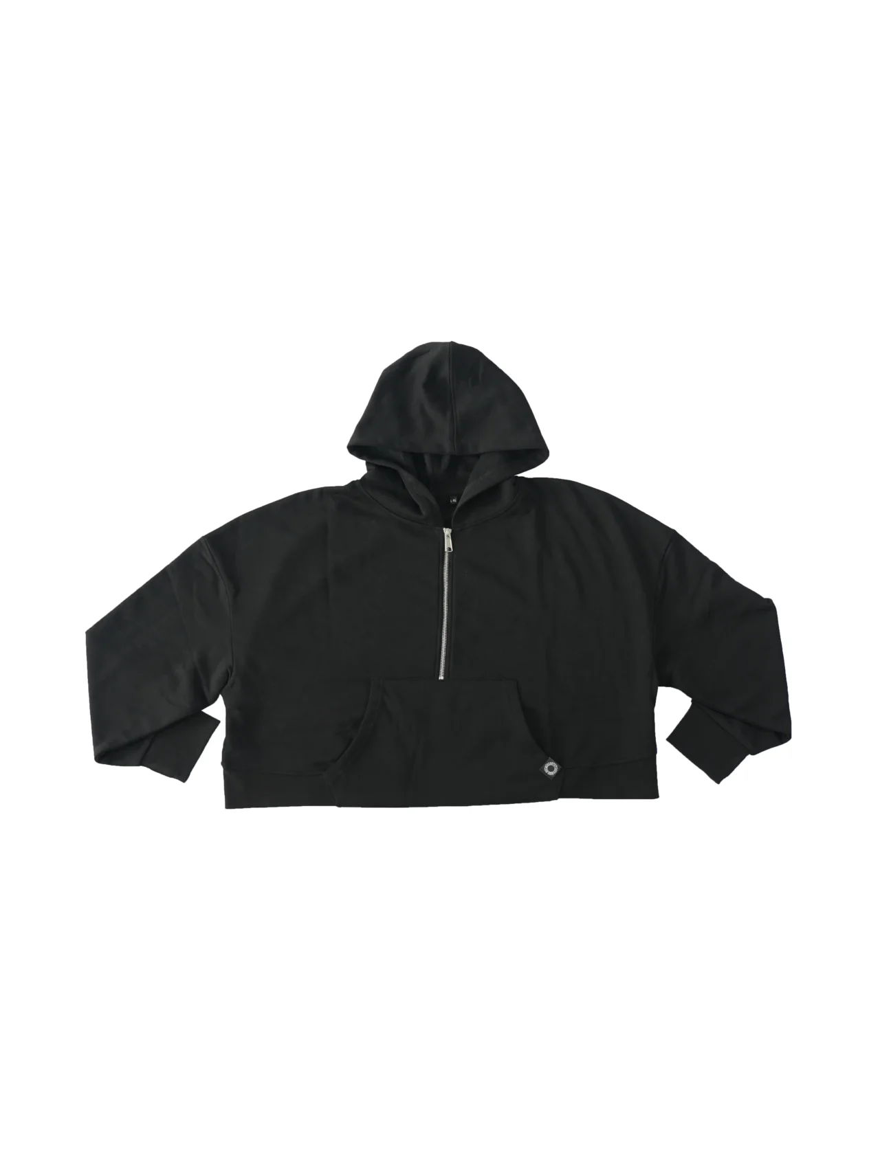 RHSM Minimalist Women's Half-Zip Hoodie in black laid flat, showing the half-zip detail and front pocket on the calisthenics apparel.