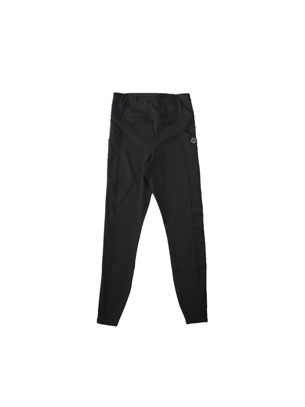 RHSM Minimalist Leggings in black laid flat, back view, highlighting the rear zip pocket on the workout gear.