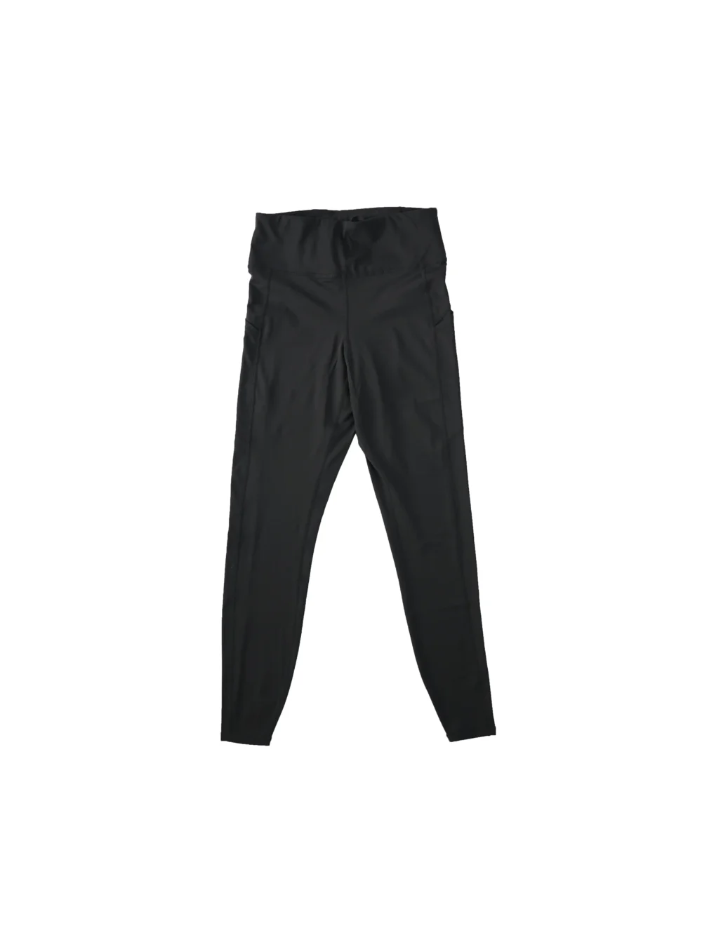 RHSM Minimalist Leggings in black laid flat, front view, showing the premium calisthenics apparel fabric.