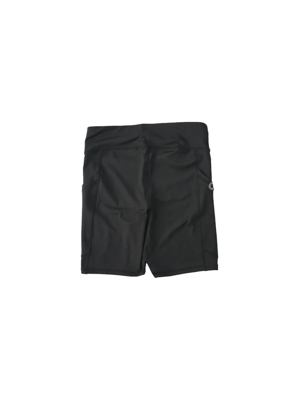 RHSM Minimalist Shorts in black laid flat, back view, highlighting the ergonomic seams on the workout gear.