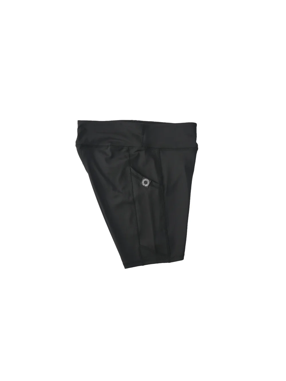 RHSM Minimalist Shorts in black laid flat, side profile, detailing the side pocket on the fitness apparel.