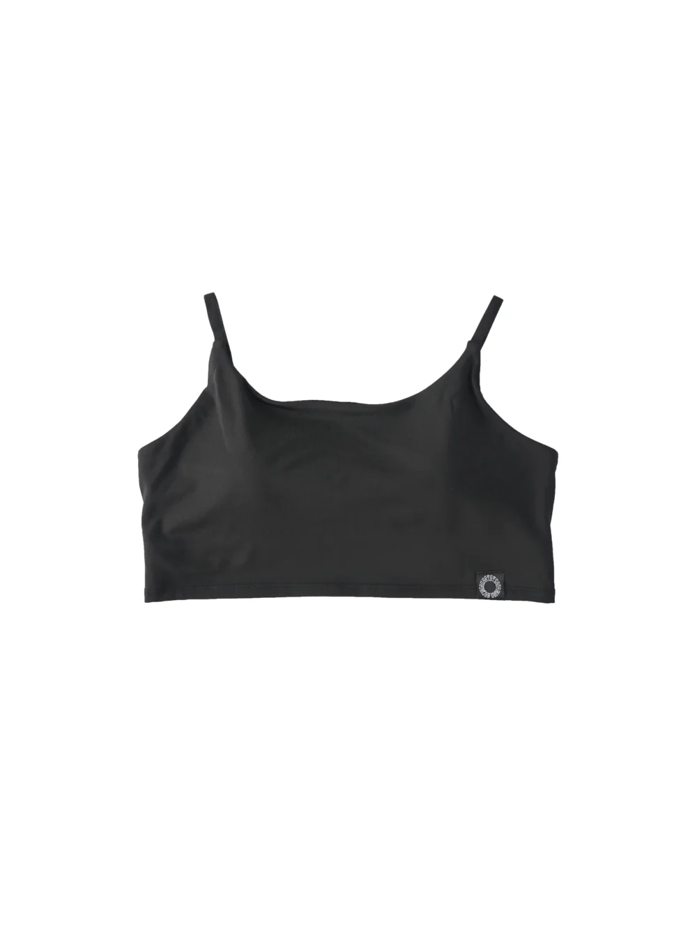 RHSM Minimalist Sports Bra in black laid flat, showing the minimalist sewn label on the premium calisthenics apparel.