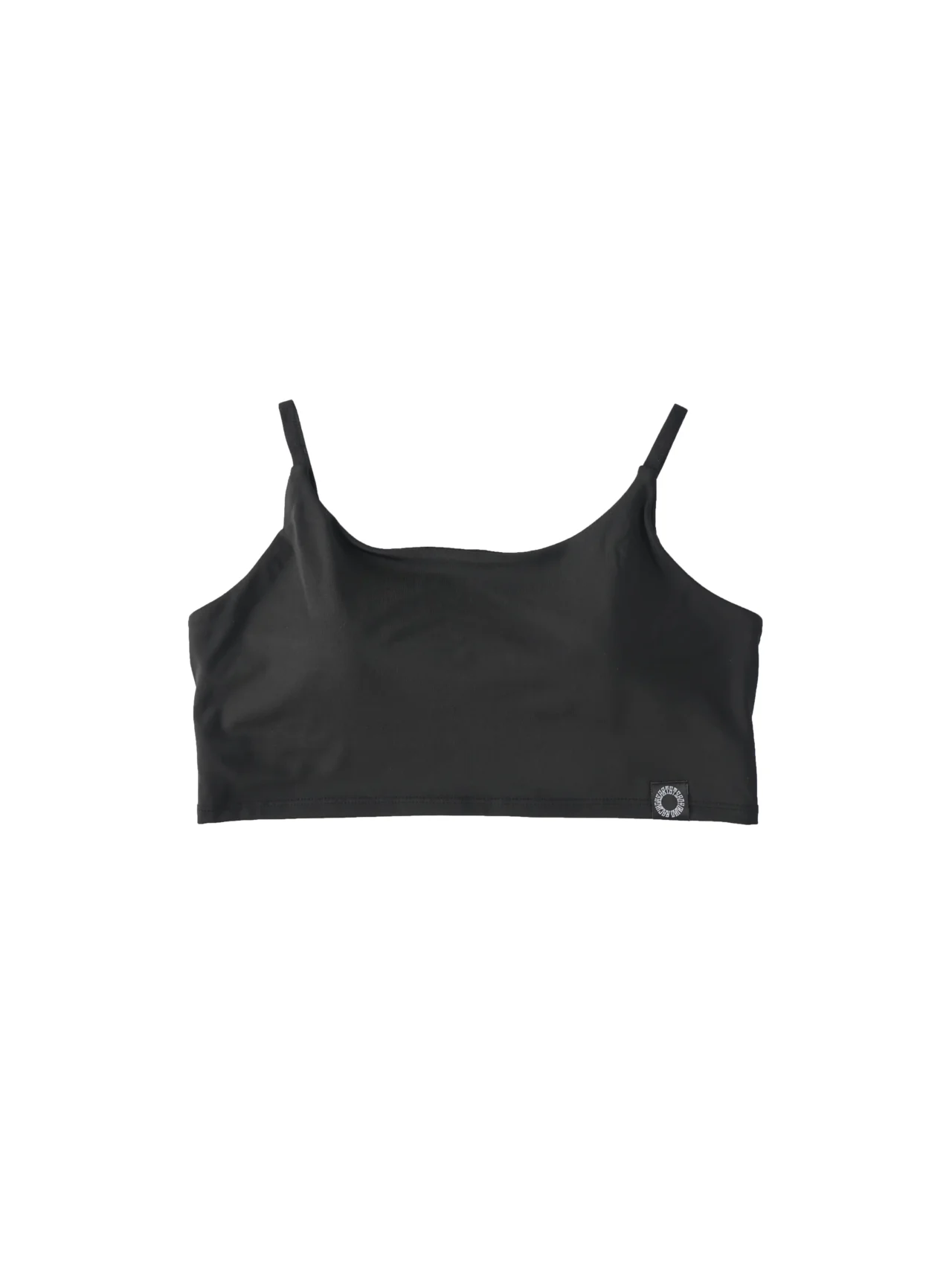 RHSM Minimalist Sports Bra in black laid flat, showing the minimalist sewn label on the premium calisthenics apparel.