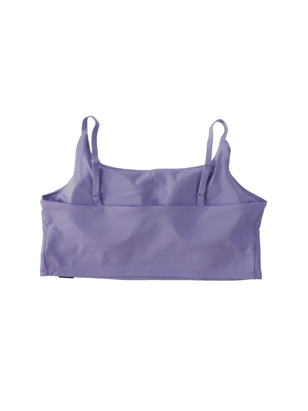 Back view of the lavender RHSM Minimalist Sports Bra laid flat, showing the 4-way stretch poly-elastane fabric of the workout gear.