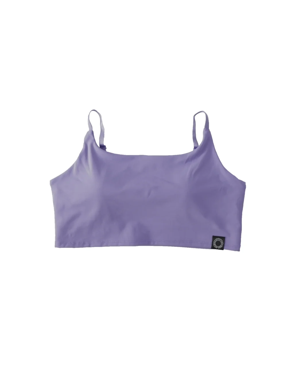 RHSM Minimalist Sports Bra in lavender laid flat, showing the minimalist sewn RHSM label on the calisthenics apparel.