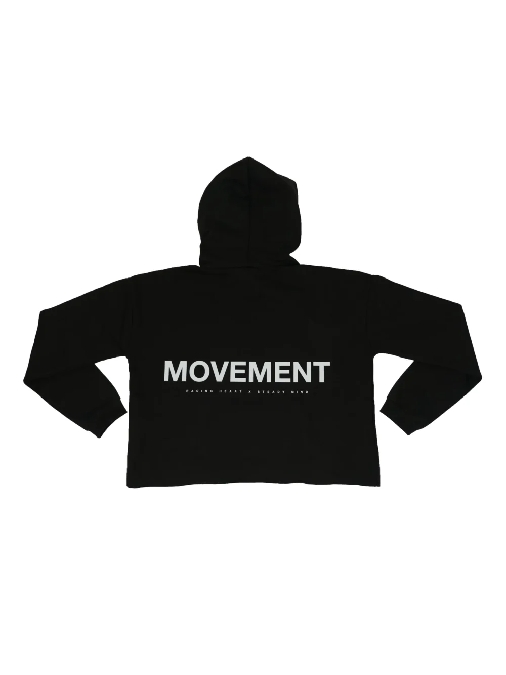 Flat lay back view of the black RHSM Women's MVMT Cropped Hoodie, showing the white minimalistic motivational "Movement" design.