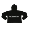 Flat lay back view of the black RHSM Women's MVMT Cropped Hoodie, showing the white minimalistic motivational "Movement" design.