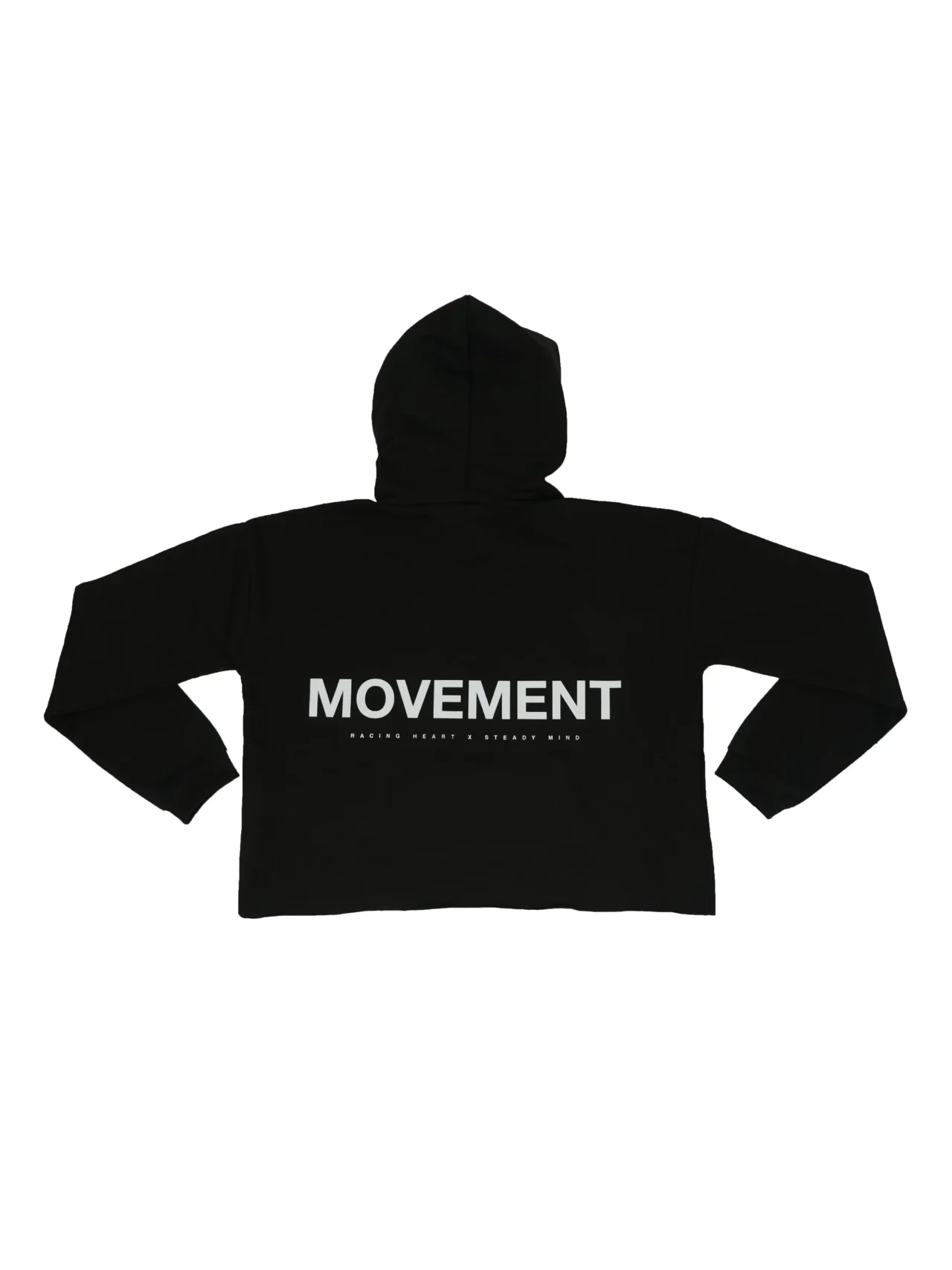 Flat lay back view of the black RHSM Women's MVMT Cropped Hoodie, showing the white minimalistic motivational "Movement" design.