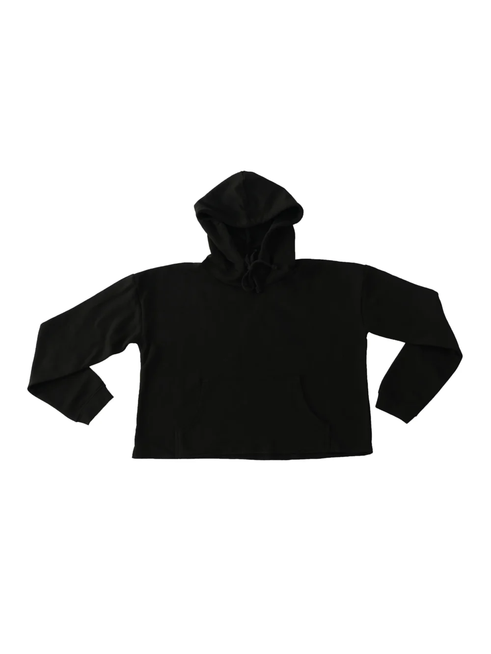 Flat lay front view of the black RHSM Women's MVMT Cropped Hoodie, showing the premium heavyweight fabric, cropped cut, and kangaroo pocket.