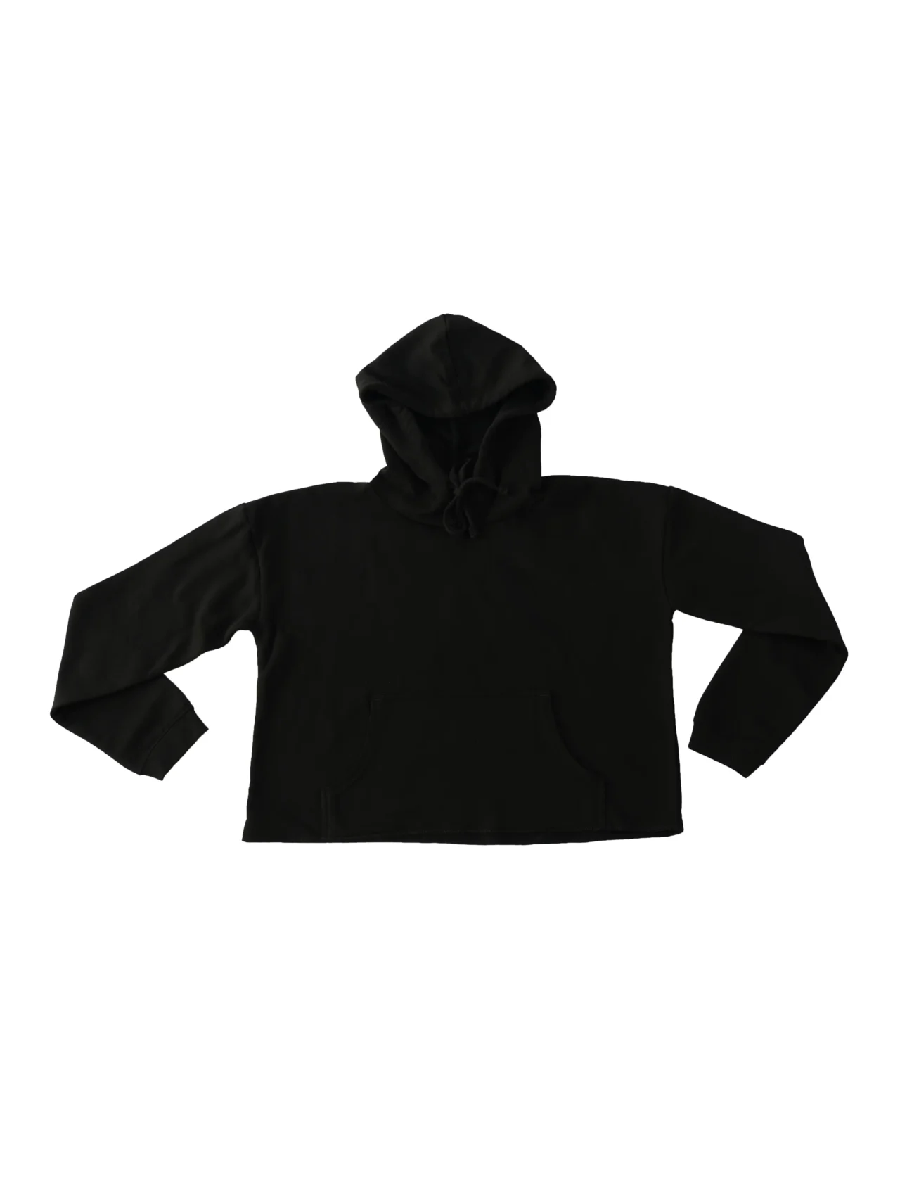 Flat lay front view of the black RHSM Women's MVMT Cropped Hoodie, showing the premium heavyweight fabric, cropped cut, and kangaroo pocket.