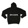 The black "[RHXSM]" hoodie, laid flat (back view), showcasing the bigger, bolder statement back graphic; premium calisthenics apparel from RHSM.