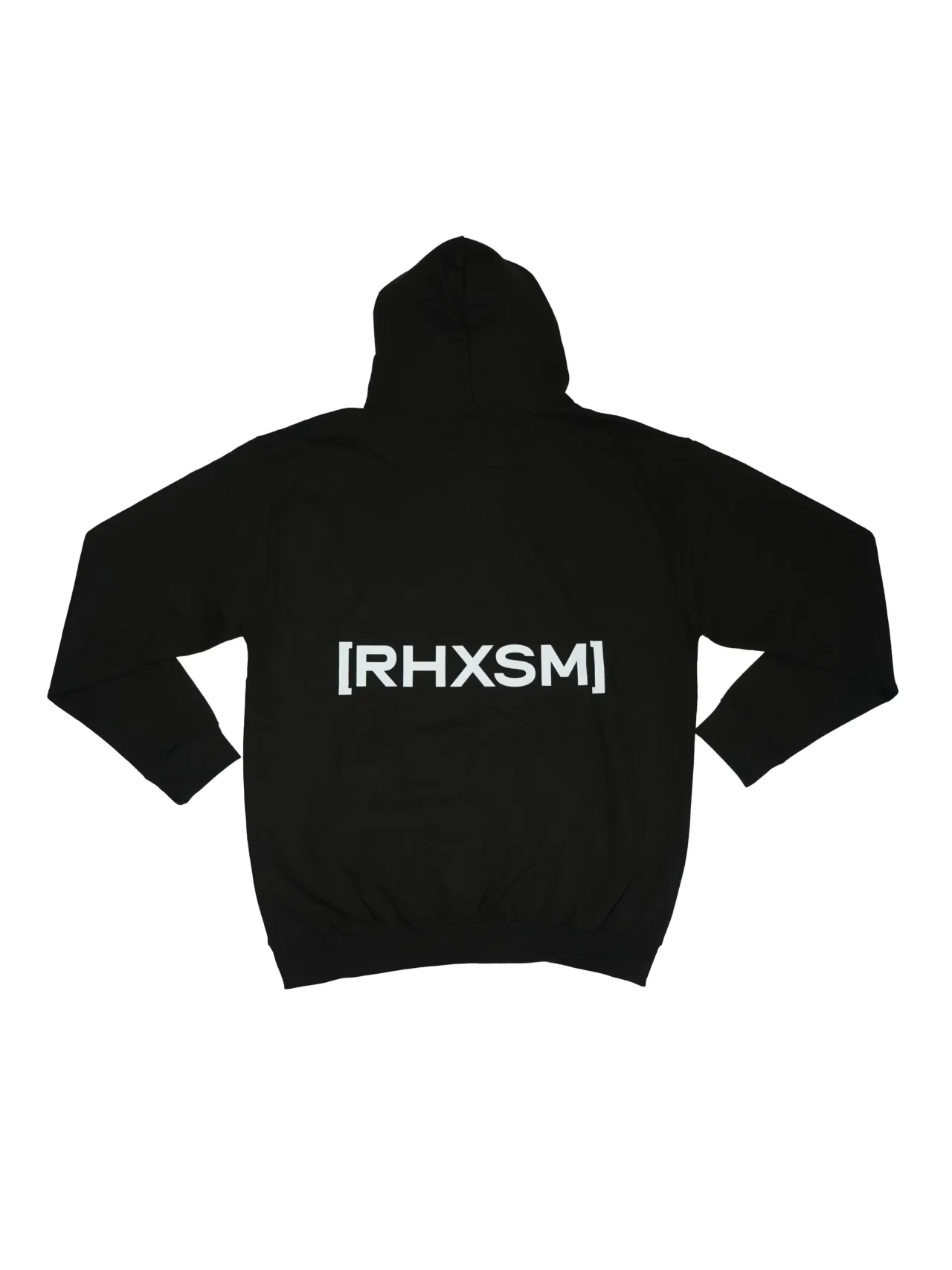 The black "[RHXSM]" hoodie, laid flat (back view), showcasing the bigger, bolder statement back graphic; premium calisthenics apparel from RHSM.