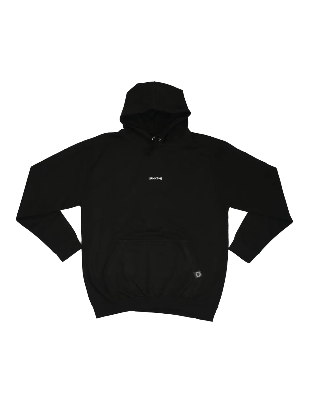 The RHSM "[RHXSM]" Hoodie in black, laid flat (front view), showing the new minimalist chest graphic and sewn-in pocket label of this fitness apparel.