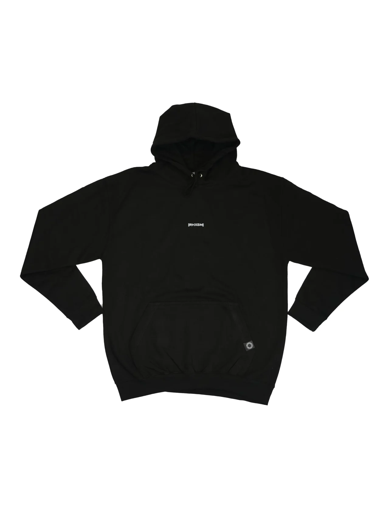The RHSM "[RHXSM]" Hoodie in black, laid flat (front view), showing the new minimalist chest graphic and sewn-in pocket label of this fitness apparel.