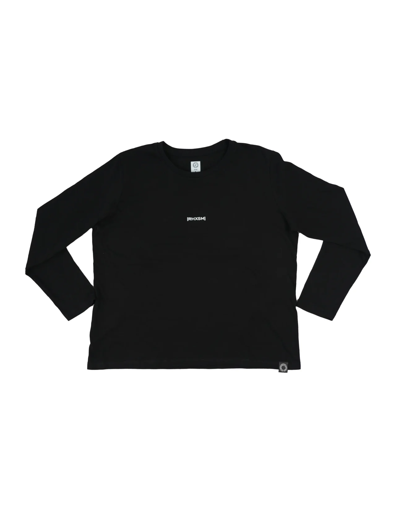 The women's RHSM "[RHXSM]" Long Sleeve Tee in black, laid flat (front view), showing the premium ringspun cotton fabric of this fitness apparel.