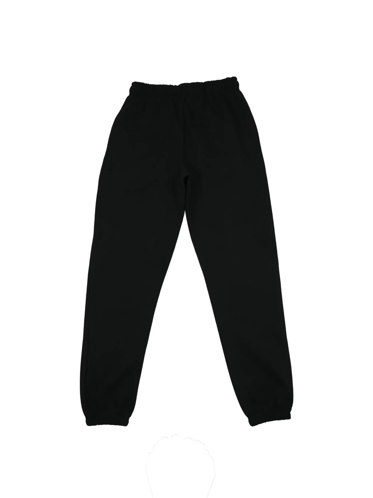 The black "[RHXSM]" minimalist sweatpants, laid flat (back view), emphasizing the clean, versatile design of this piece of calisthenics apparel.