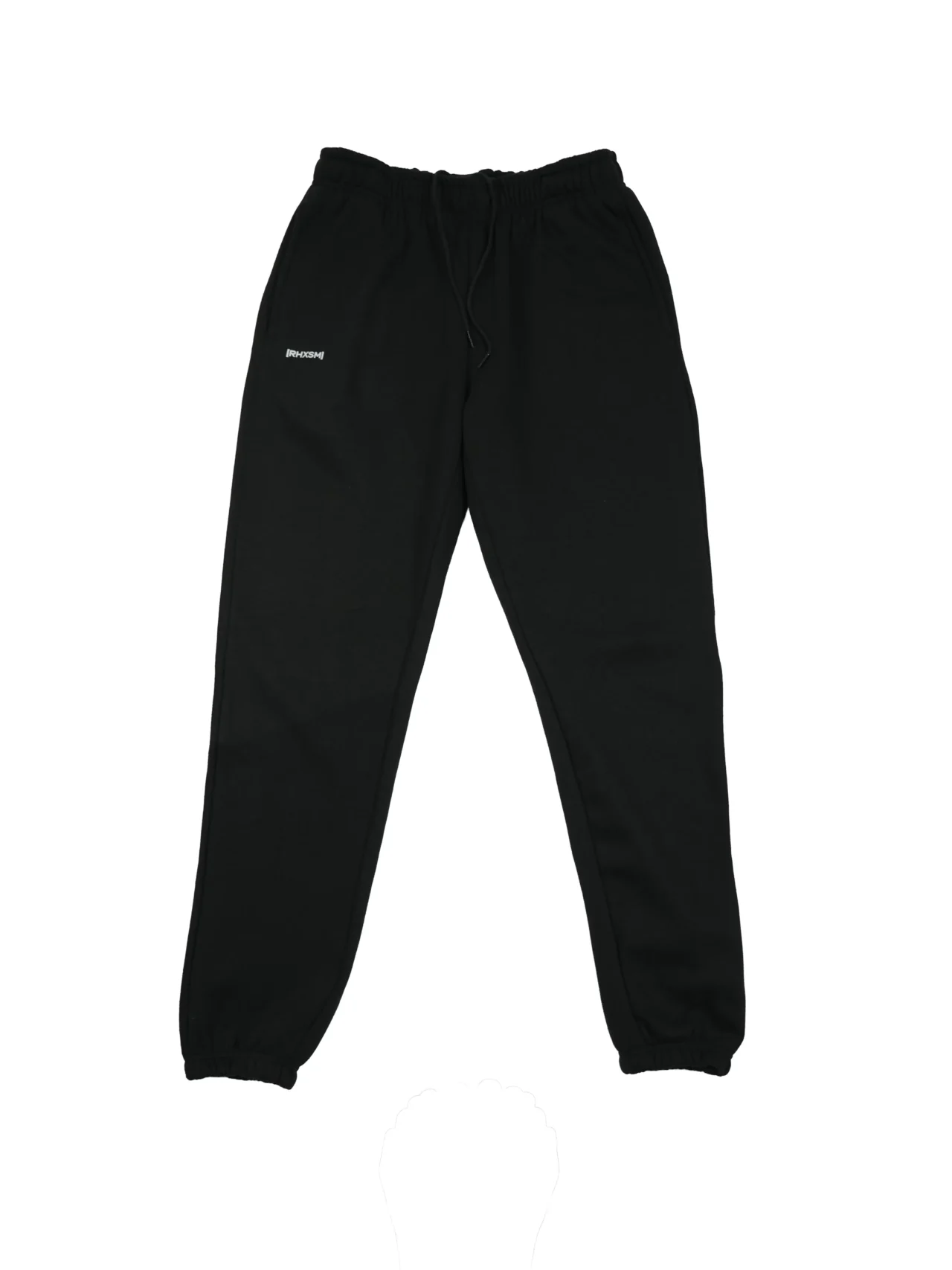 The RHSM "[RHXSM]" Minimalist Sweatpants in black, laid flat (front view), showcasing the premium construction of this fitness apparel.