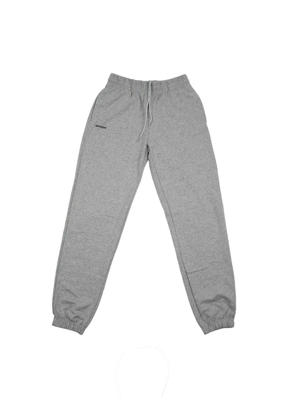 The RHSM "[RHXSM]" Minimalist Sweatpants in grey, laid flat (front view), showing the relaxed fit and ultra-soft cotton-poly blend of this fitness apparel.