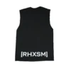 The black "[RHXSM]" oversized tank, laid flat (back view), showcasing the bigger, bolder statement back graphic; premium calisthenics apparel from RHSM.
