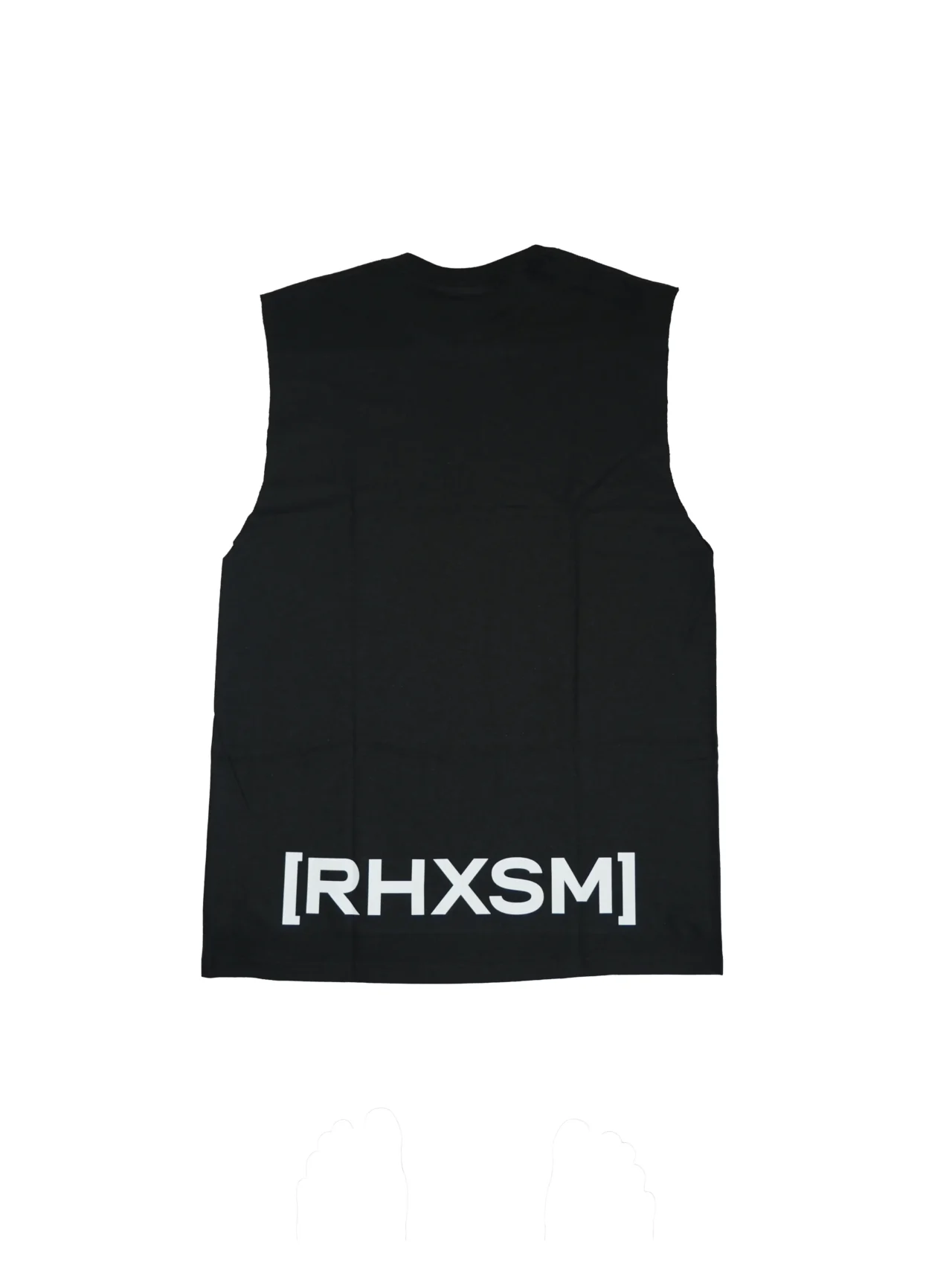 The black "[RHXSM]" oversized tank, laid flat (back view), showcasing the bigger, bolder statement back graphic; premium calisthenics apparel from RHSM.
