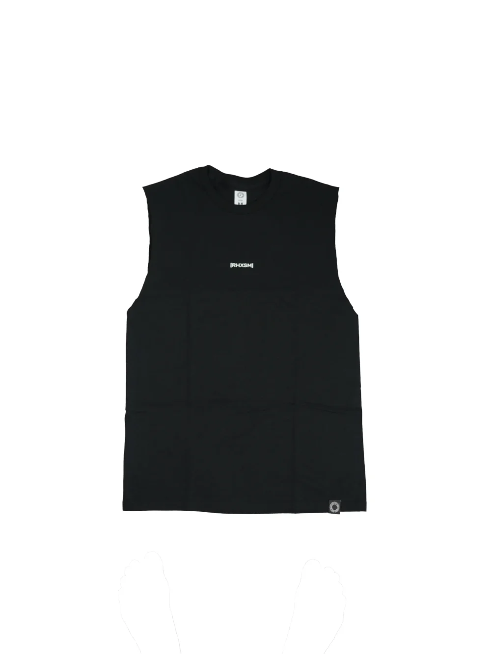 The RHSM "[RHXSM]" Oversized Tank in black, laid flat (front view), showing the minimalist chest graphic on this 100% premium cotton fitness apparel.