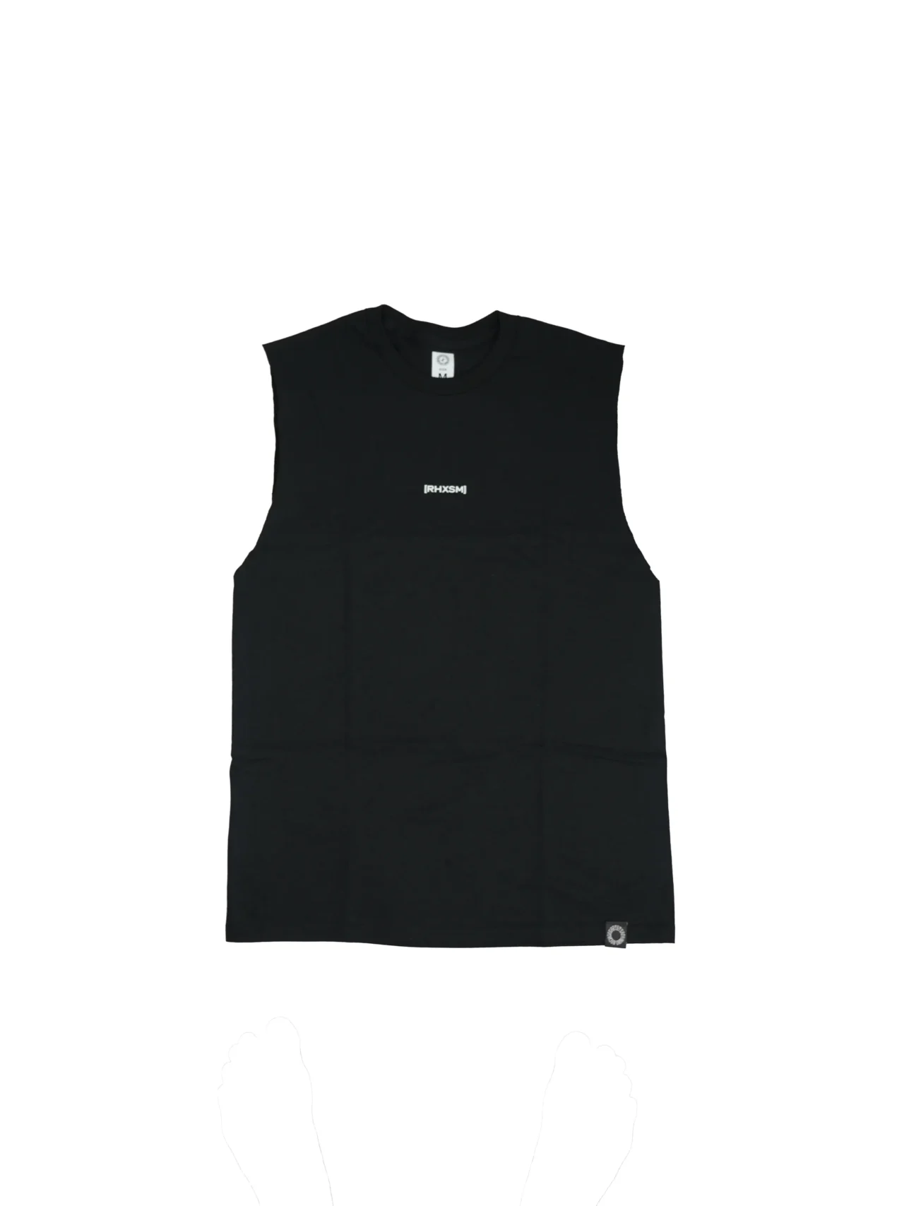 The RHSM "[RHXSM]" Oversized Tank in black, laid flat (front view), showing the minimalist chest graphic on this 100% premium cotton fitness apparel.