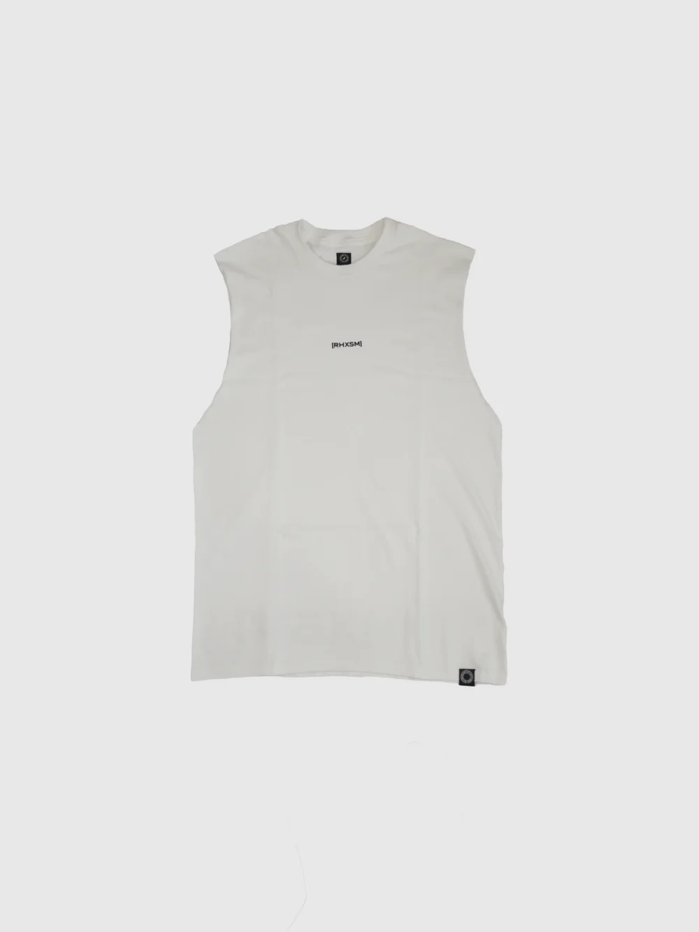 The RHSM "[RHXSM]" Oversized Tank in white, laid flat (front view), highlighting the clean front print on this 100% cotton fitness apparel.