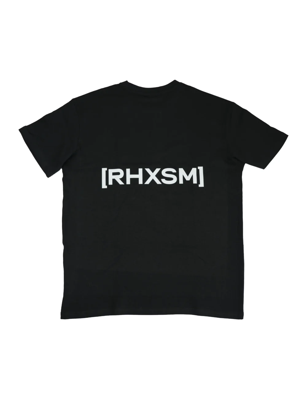 The black "[RHXSM]" oversized tee, laid flat (back view), showcasing the big, bold statement back graphic; premium calisthenics apparel from RHSM.