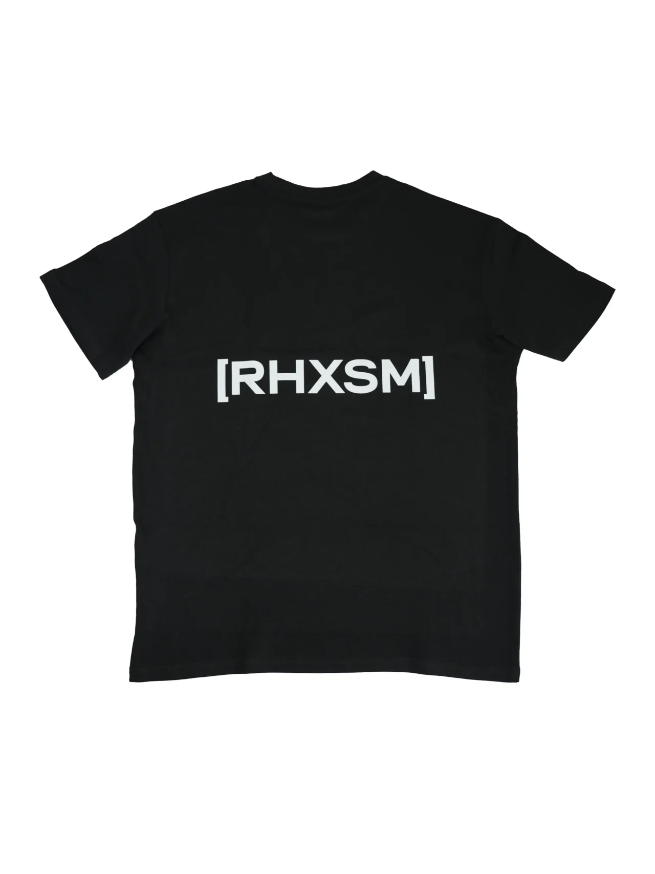 The black "[RHXSM]" oversized tee, laid flat (back view), showcasing the big, bold statement back graphic; premium calisthenics apparel from RHSM.