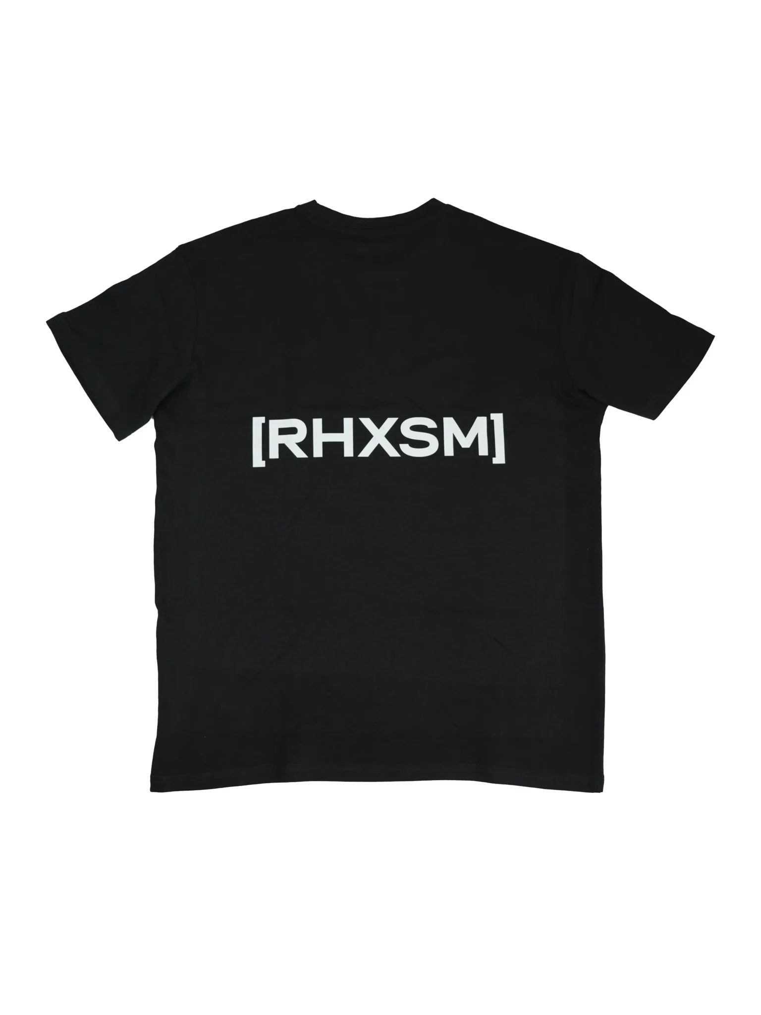The black "[RHXSM]" oversized tee, laid flat (back view), showcasing the big, bold statement back graphic; premium calisthenics apparel from RHSM.