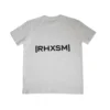 The white "[RHXSM]" oversized tee, laid flat (back view), detailing the bold statement back graphic on this piece of calisthenics apparel.