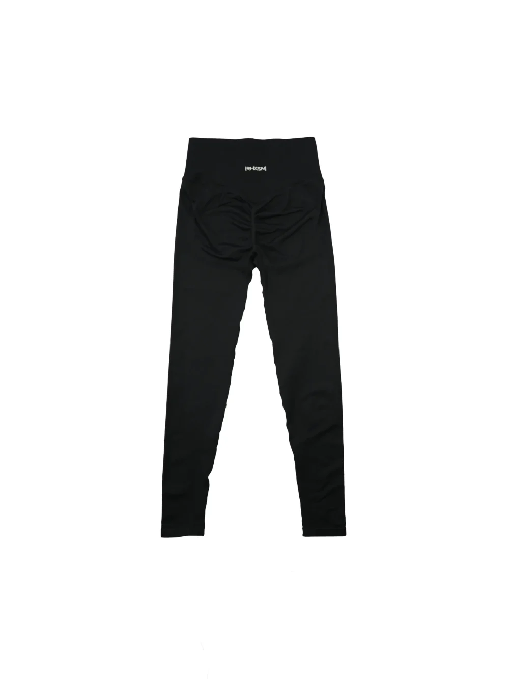 The black "[RHXSM]" seamless leggings, laid flat (back view), highlighting the flattering scrunch feature and embroidered logo on the waistband; essential calisthenics apparel.