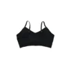 The black "[RHXSM]" sports bra, laid flat (back view), highlighting the seamless construction and ribbed detailing on the back; essential calisthenics apparel for women.