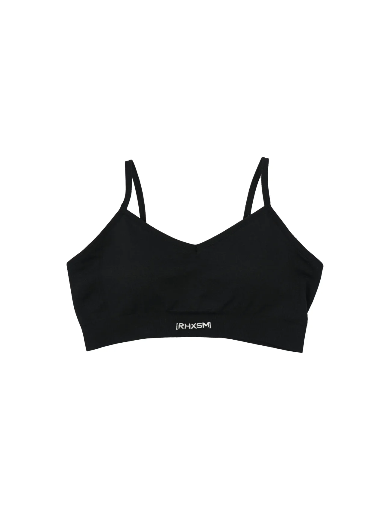 The women's RHSM "[RHXSM]" Seamless Sports Bra in black, laid flat (front view), showing the premium embroidered logo and body-sculpting design of this fitness apparel.