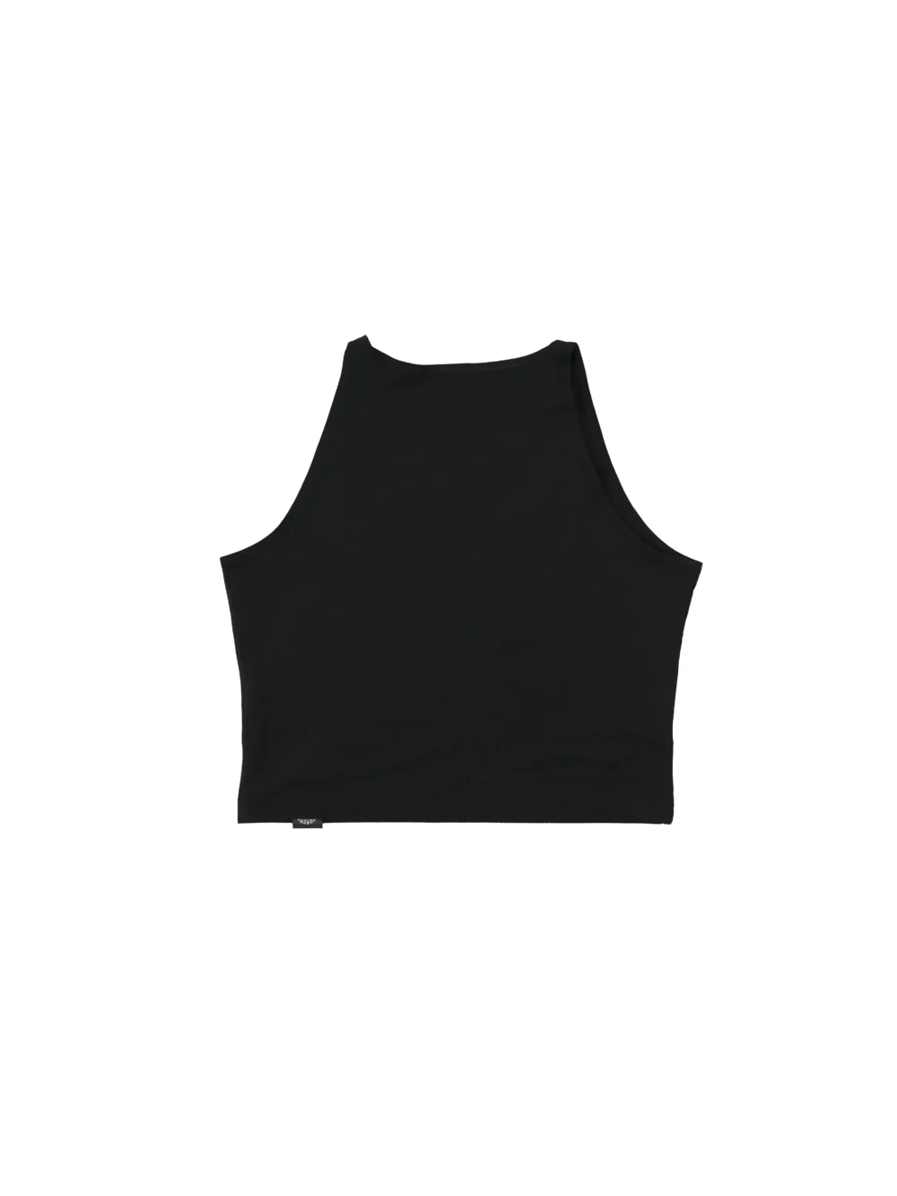 The black "[RHXSM]" crop top, laid flat (back view), highlighting the clean back and performance racerback cut; essential calisthenics apparel for women.