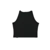 The black "[RHXSM]" crop top, laid flat (back view), highlighting the clean back and performance racerback cut; essential calisthenics apparel for women.