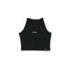 The women's RHSM "[RHXSM]" Skin Tight Crop Top in black, laid flat (front view), showing the premium cotton-elastane fabric of this fitness apparel.
