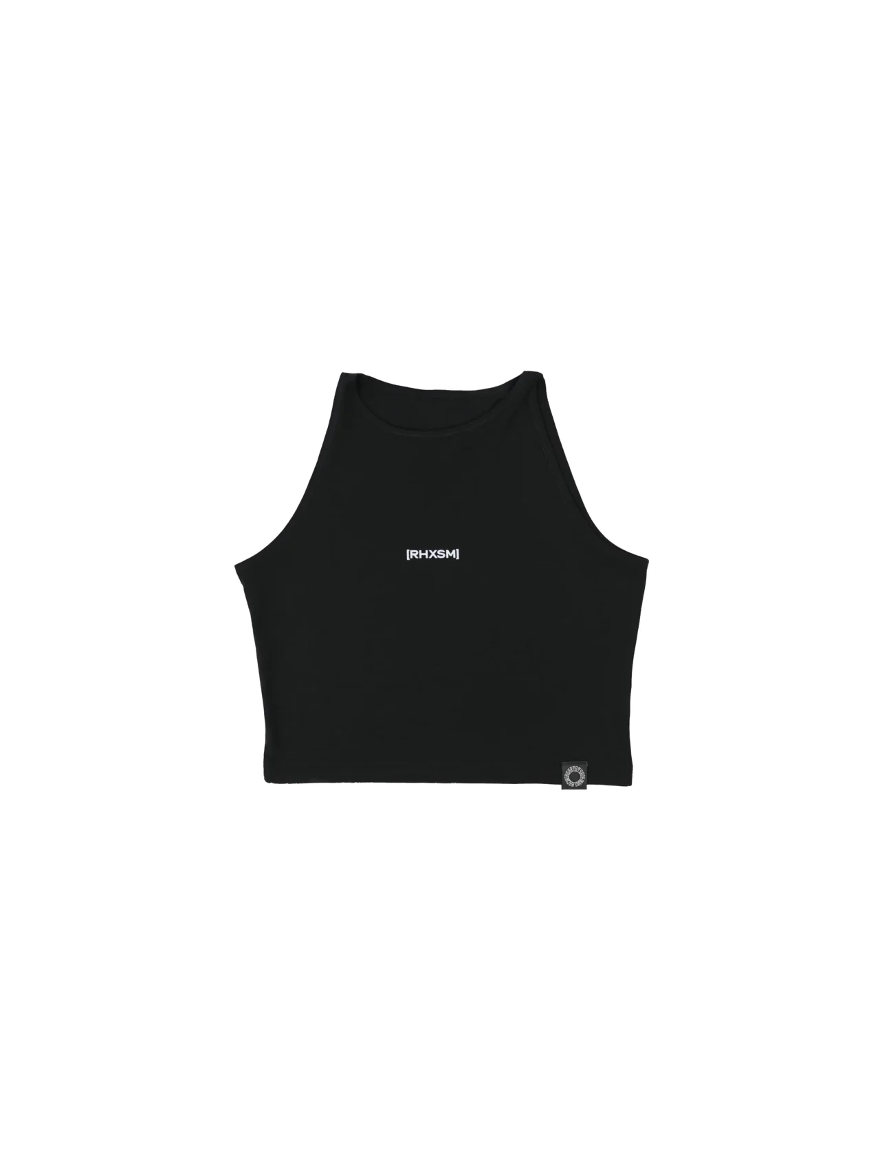 The women's RHSM "[RHXSM]" Skin Tight Crop Top in black, laid flat (front view), showing the premium cotton-elastane fabric of this fitness apparel.