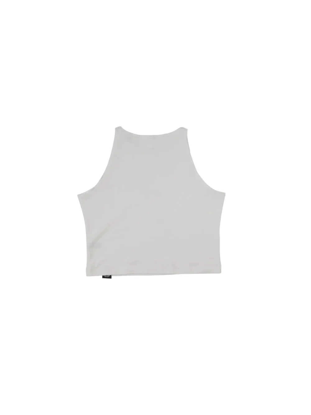 The white "[RHXSM]" crop top, laid flat (back view), detailing the clean racerback cut on this piece of high-performance calisthenics apparel.